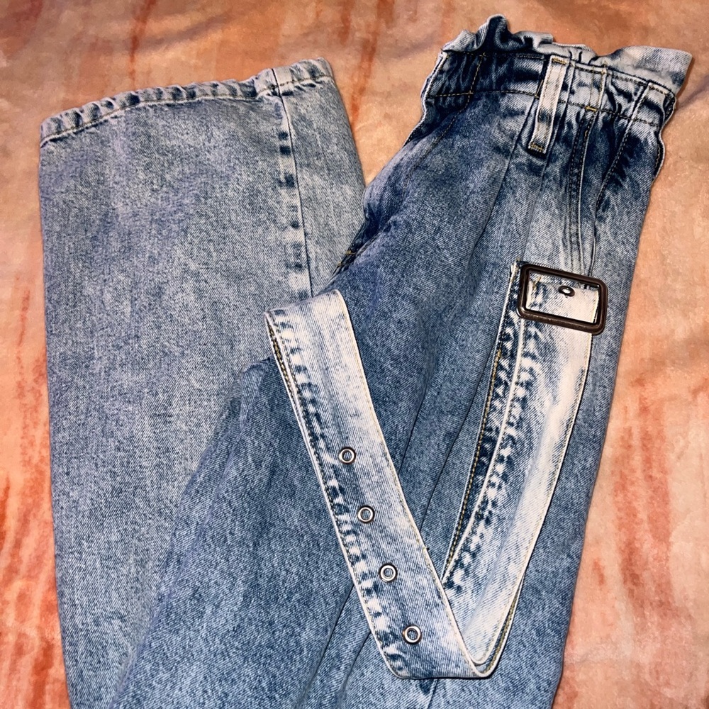 forever21 ruffled high rise wide leg jeans with belt
